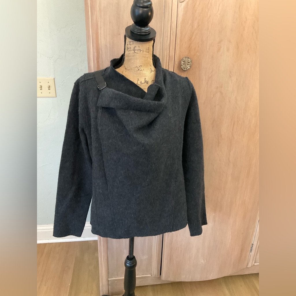 Eileen Fisher Charcoal Grey Wool Drape Buckle Jacket Equestrian Lagenlook Lp